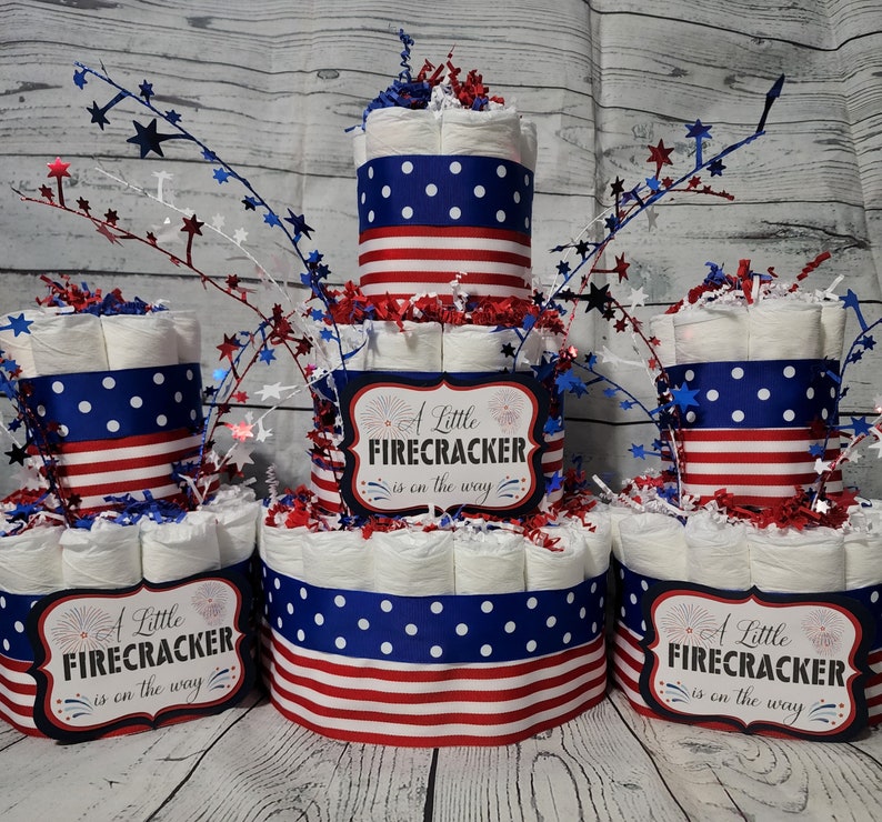 3 Tier Diaper Cake 3 piece set Red White Blue Firecracker theme Diaper Cake for Baby Shower / 4th of July Shower Centerpiece Stars Stripes image 1