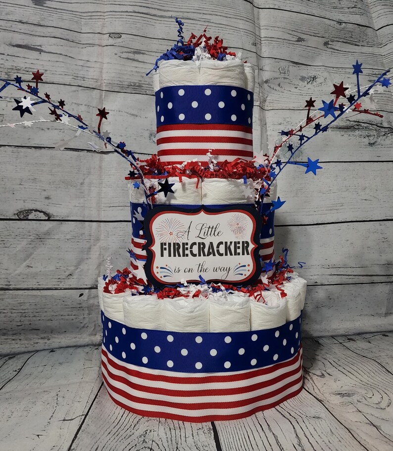 3 Tier Diaper Cake 3 piece set Red White Blue Firecracker theme Diaper Cake for Baby Shower / 4th of July Shower Centerpiece Stars Stripes image 2