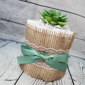 2 Tier Diaper Cake and mini 3 piece set Succulent theme Eucalyptus Green with Burlap Diaper Cake for Baby Shower / Neutral Shower image 4