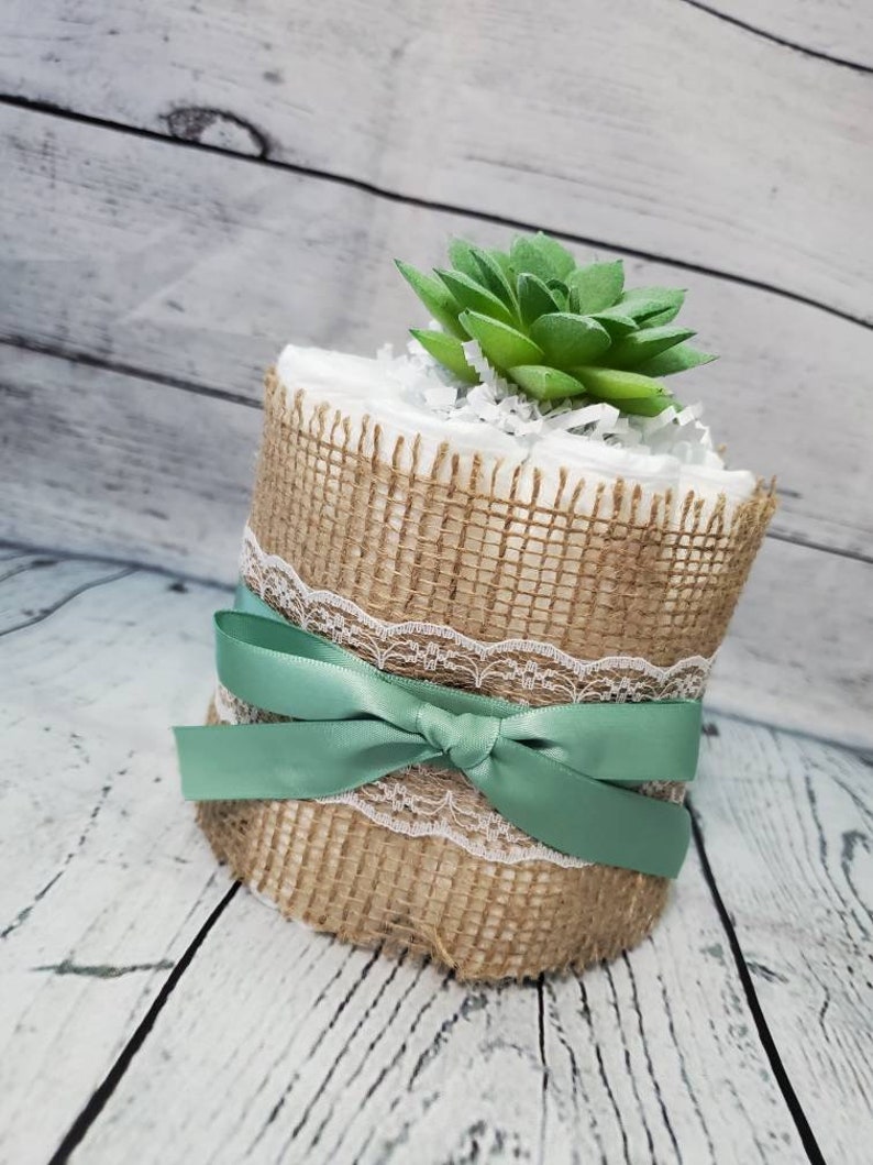 2 Tier Diaper Cake and mini 3 piece set Succulent theme Eucalyptus Green with Burlap Diaper Cake for Baby Shower / Neutral Shower image 4