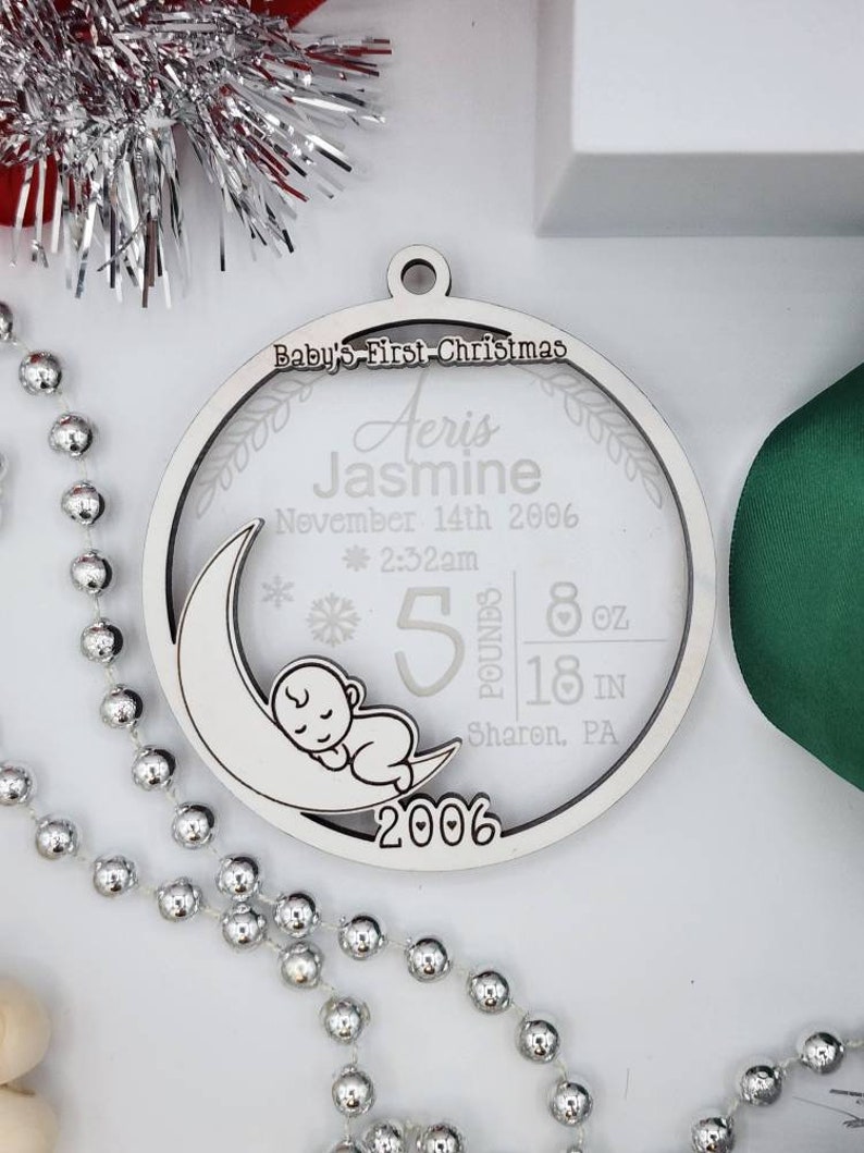 Baby's First Christmas Ornament Custom Baby Stats Christmas Gift Personalized Newborn Baby Christmas Gift Clear and White Ornament image 2