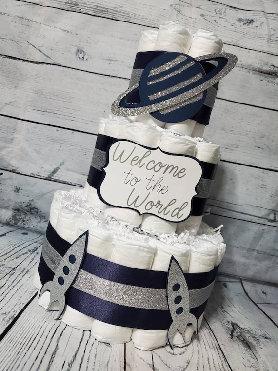 3 Tier Diaper Cake - Welcome to World Outer Space Theme Burlap Navy Blue and Silver Saturn and Rockets Baby Shower Centerpiece