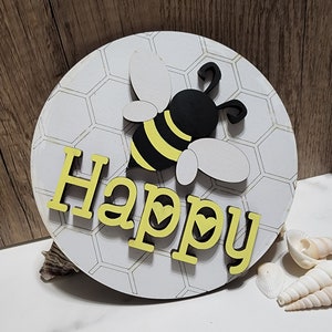 BEE Happy Theme Round INSERT ONLY 6 Home Decor, Baby Shower sign, fits in Interchangable frame, Yellow and Black with White image 3