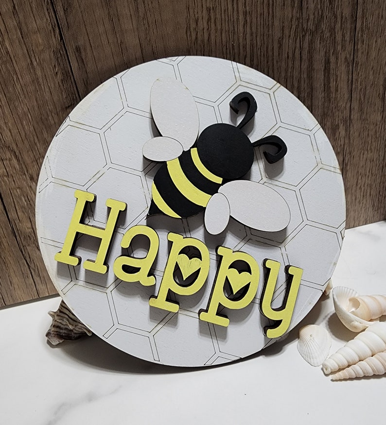 BEE Happy Theme Round INSERT ONLY 6 Home Decor, Baby Shower sign, fits in Interchangable frame, Yellow and Black with White image 3