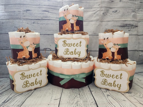 3 Tier Diaper Cake 3 piece set - Giraffe with Peach Brown and Sage Green Diaper Cake for Baby Shower / Sweet Baby Neutral Shower Centerpiece