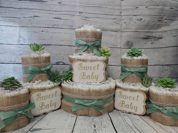3 Tier Diaper Cake 5 piece set - Succulent theme Eucalyptus Green with Burlap Diaper Cake for Baby Shower / Neutral Shower Centerpiece