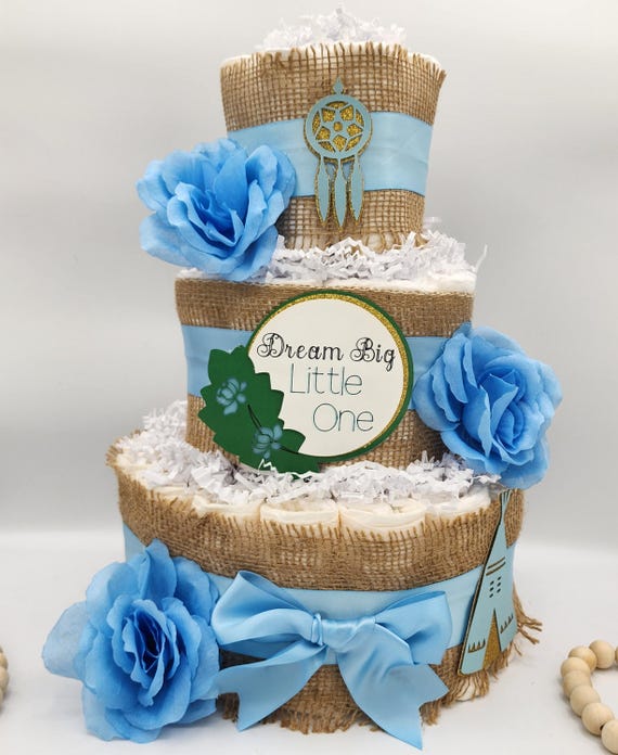 Boho Diaper Cake / Pink Blue Turquoise Dream Diaper Cake / Dream Big Diaper Cake / Vintage Burlap Diaper Cake Flower - 3 Tier Diaper Cake -