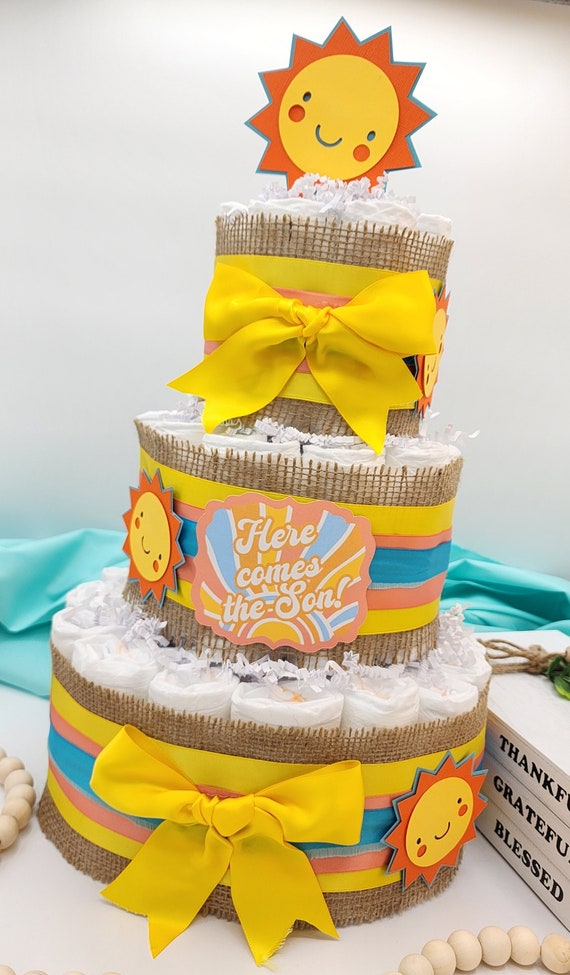 3 Tier Diaper Cake - Here Comes the Son Theme - Turquoise Coral Yellow and Burlap with Sunshine Summer Fun Shower Centerpiece