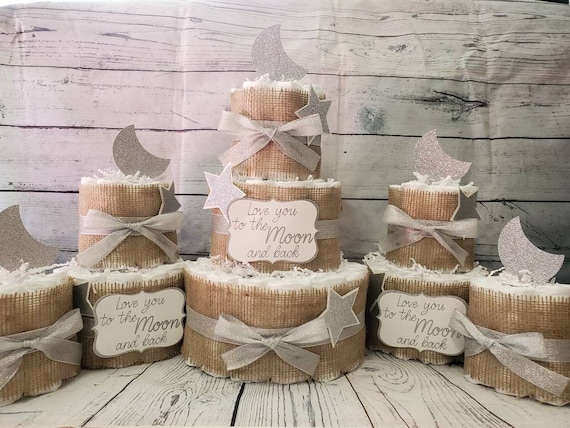 3 Tier Diaper Cake 5 piece set - Love you to the moon and Back Theme Navy Blue Burlap and Silver Gold Moon and Stars Baby Shower Centerpiece