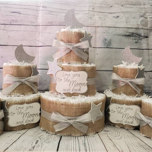 3 Tier Diaper Cake 5 piece set - Love you to the moon and Back Theme Navy Blue Burlap and Silver Gold Moon and Stars Baby Shower Centerpiece