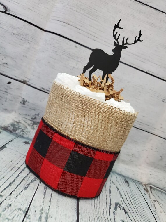 Mini Diaper Cake Adventure Awaits Woodland Theme - Red and Black Buffalo Check Deer Baby Shower Centerpiece