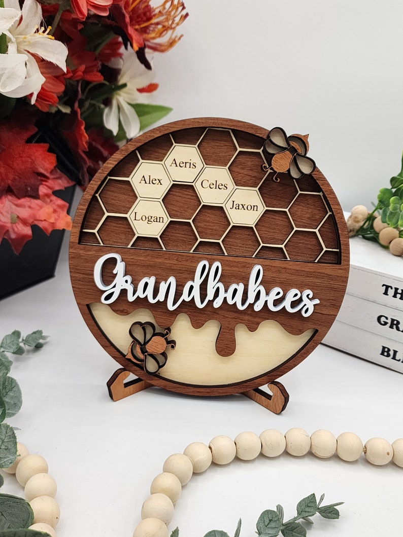 Personalized Bee Hive Family Tree Plaque, Custom Bee Family Gift For Grandma Grandbabees Sign, Mothers Day Gift Grandparents Gift Home Decor Round 7"