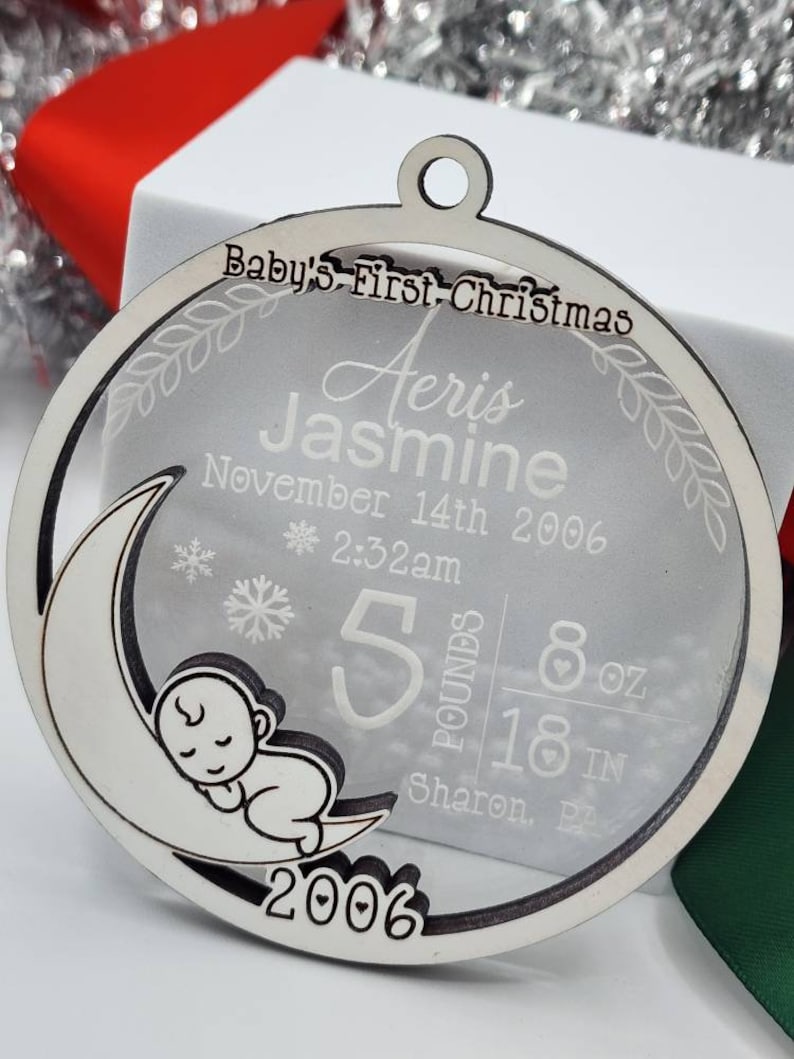 Baby's First Christmas Ornament Custom Baby Stats Christmas Gift Personalized Newborn Baby Christmas Gift Clear and White Ornament image 3