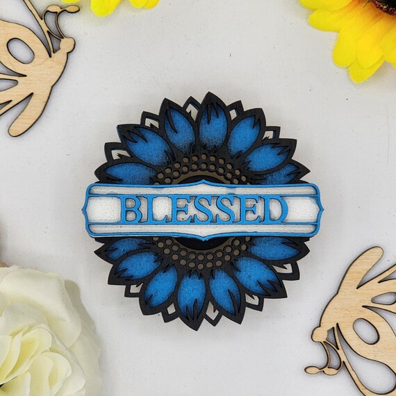 Blessed Sunflower Car Vent Clip with Diffuser foam pad Blue Black - Simple Gifts, 3" Wood decor, Mothers Day Gift Grandparents Gift Home