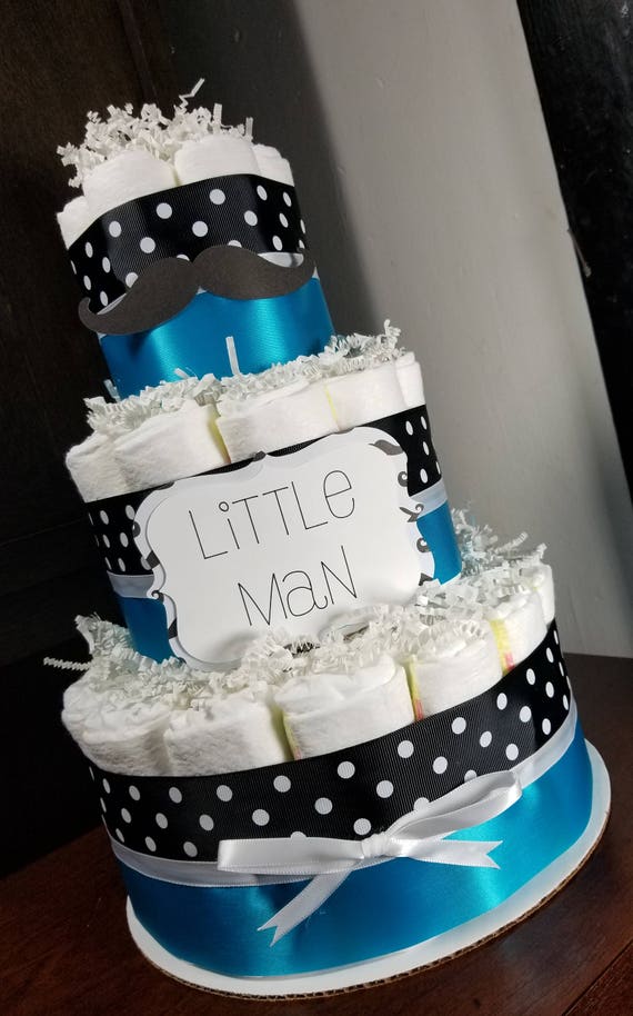 3 Tier Diaper Cake Little Man Mustache Theme Blue And Black With White Polka Dots Baby Shower Centerpiece