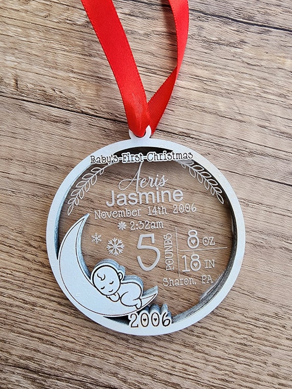 Baby's First Christmas Ornament - Custom Baby Stats Christmas Gift - Personalized Newborn Baby Christmas Gift - Clear and White Ornament
