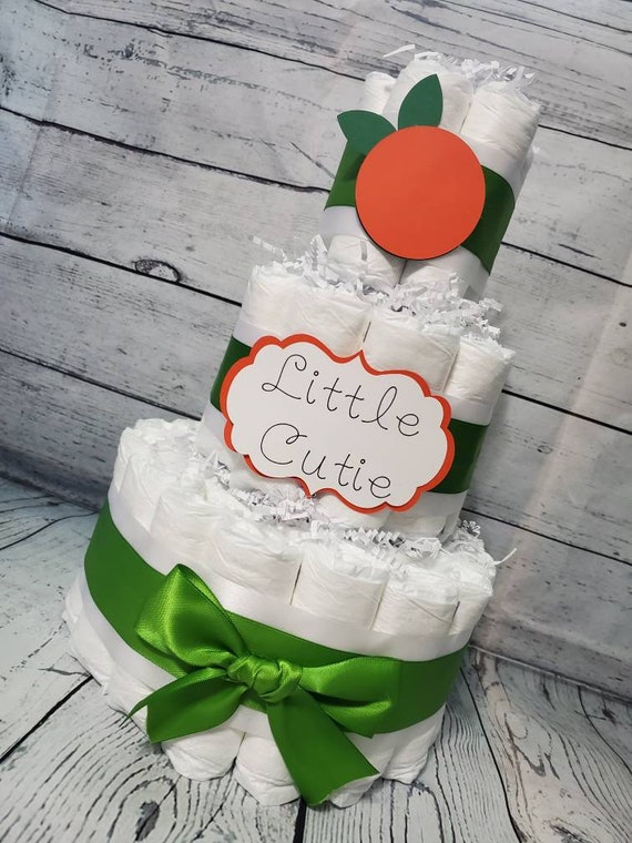 3 Tier Diaper Cake - Little Cutie Orange White and Green Theme - Clementine Baby Shower Centerpiece