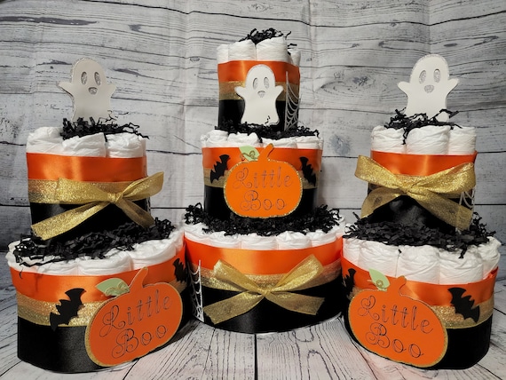 3 Tier Diaper Cake 3 piece set - Little Boo Pumpkin Theme - Gold Black and Orange Ghost Spiderweb Bats Halloween Baby Shower Centerpiece