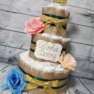 Aloha Baby Diaper Cake: Hawaiian Burlap Pineapple Centerpiece