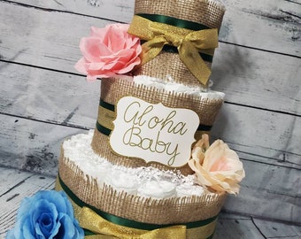 3 Tier Diaper Cake - Aloha Baby Hawaiian Theme Burlap and Pineapple Green and Gold Baby Shower Centerpiece