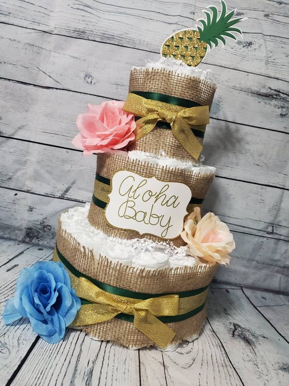 3 Tier Diaper Cake - Aloha Baby Hawaiian Theme Burlap and Pineapple Green and Gold Baby Shower Centerpiece