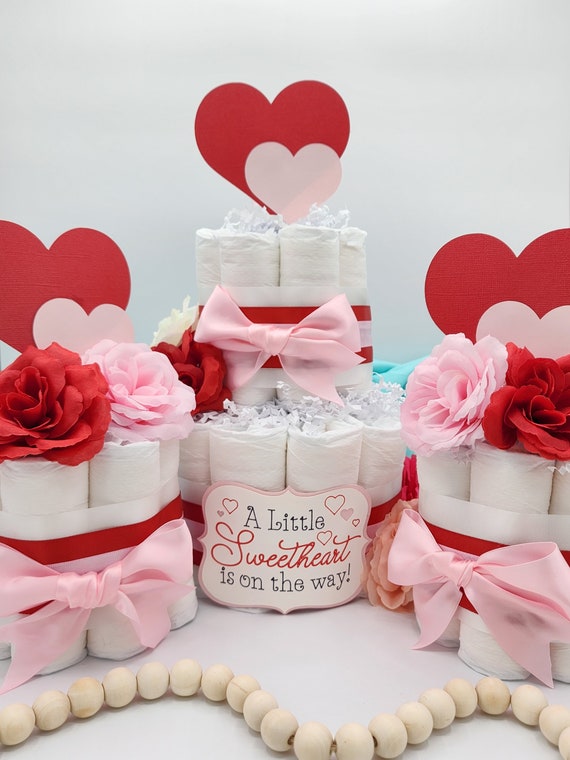 2 Tier Diaper Cake and mini 3 piece set - A Little Sweetheart is on the Way Valentines Baby Shower Centerpiece Red Pink and White Hearts