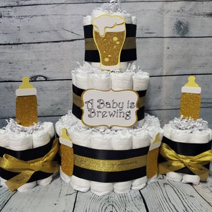 A Baby is Brewing Theme - 3 Tier Diaper Cake and mini 3 piece set -  Pink Blue Black and Gold Baby Bottle Baby Shower Centerpiece