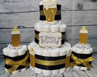 A Baby is Brewing Diaper Cake Set: Black, Gold, and Pink Baby Shower Centerpiece