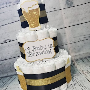 3 Tier Diaper Cake - A Baby is Brewing Theme - Black and Gold Baby Bottle Baby Shower Centerpiece and Pink and Blue Choices