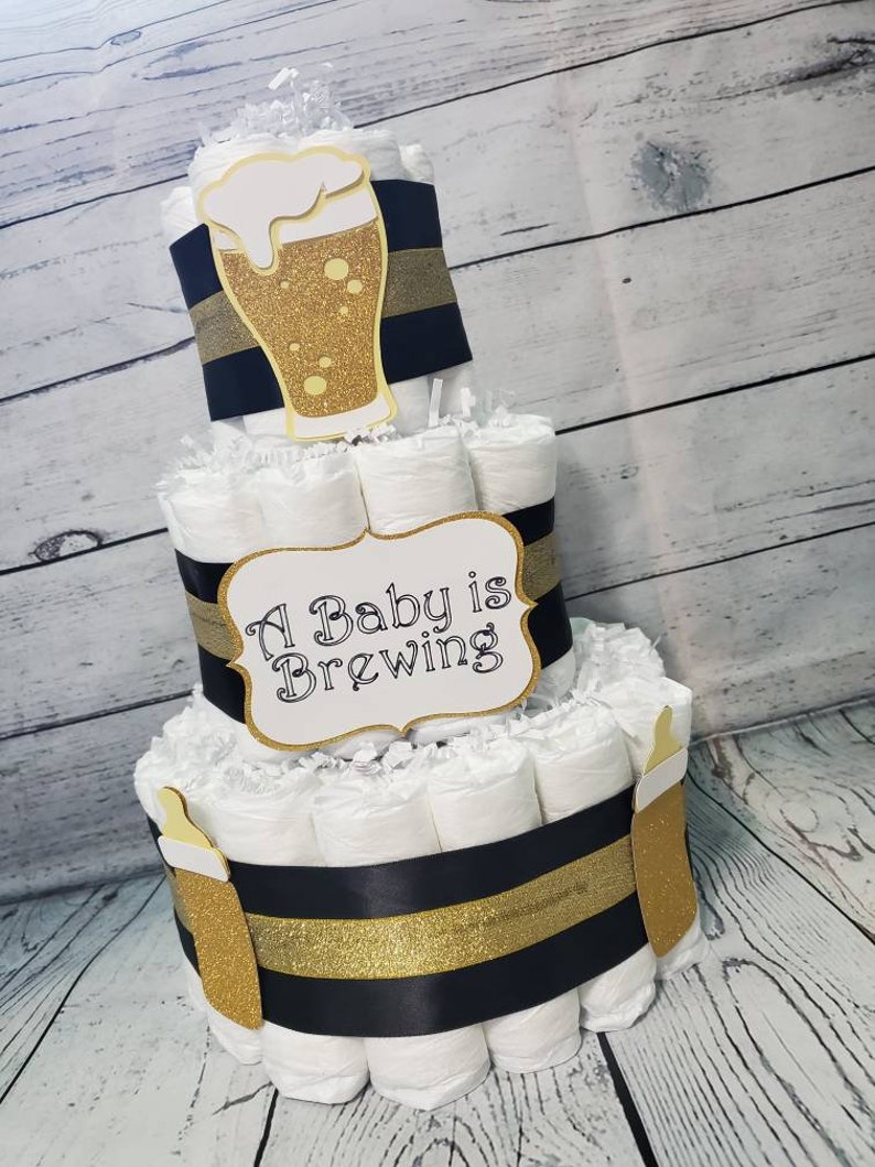 3 Tier Diaper Cake A Baby is Brewing Theme Black and Gold