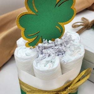 Mini Diaper Cake A Lucky Little Shamrock is on the Way Theme Green and Gold Clovers Baby Shower Centerpiece image 5