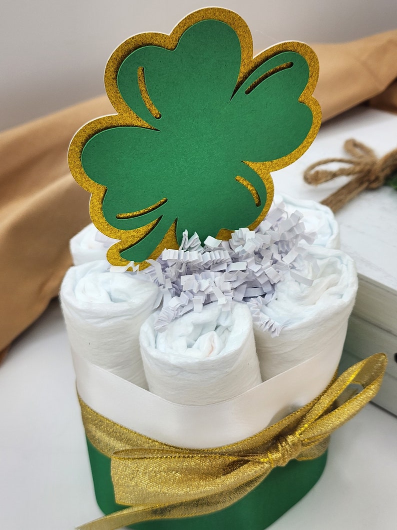 Mini Diaper Cake A Lucky Little Shamrock is on the Way Theme Green and Gold Clovers Baby Shower Centerpiece image 5