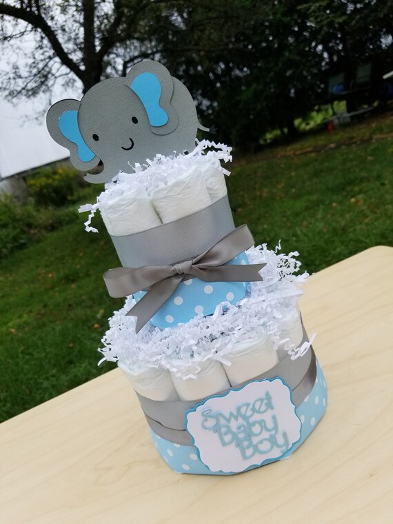 2 Tier Diaper Cake - Blue Pink Yellow Elephant Theme Diaper Cake for Baby Boy Girl Shower Centerpiece - Twin Option - Personalized Gift