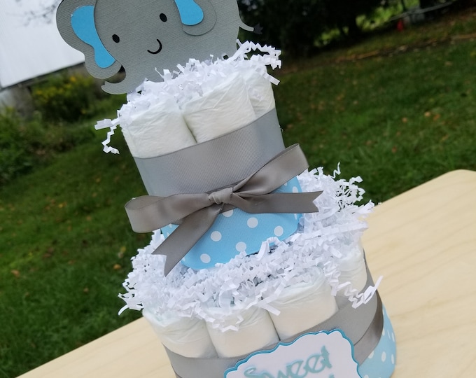 2 Tier Diaper Cake - Blue Pink Yellow Elephant Theme Diaper Cake for Baby Boy Girl Shower Centerpiece - Twin Option - Personalized Gift