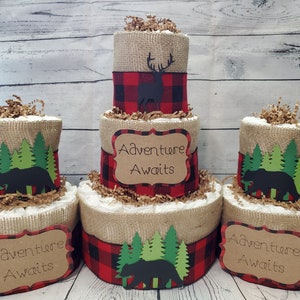 Woodland Diaper Cake Set: Buffalo Check Bear & Deer Baby Shower Centerpiece