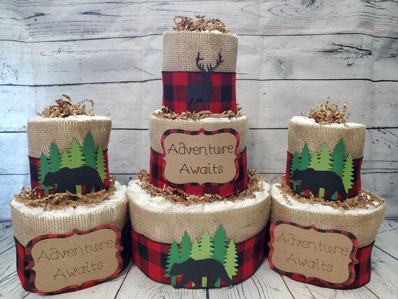 3 Tier Diaper Cake 3 piece set - Adventure Awaits Woodland Theme - Red and Black Buffalo Check Bear and Deer Baby Shower Centerpiece