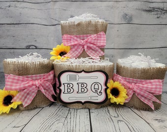 2 Tier Diaper Cake and mini 3 piece set - BBQ Baby Q Diaper Cake -Blue Yellow Red Burlap and Pink Checker Diaper Cake Fall Theme Baby Shower