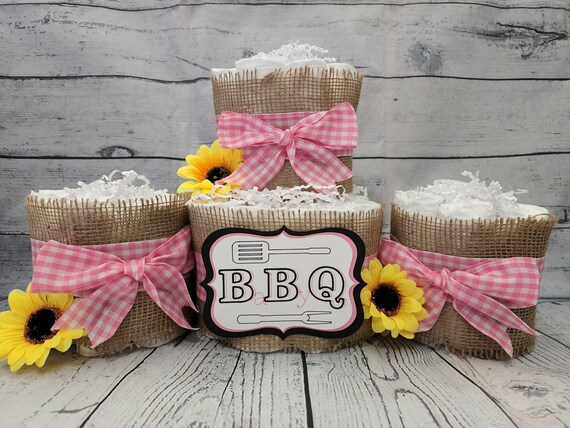 2 Tier Diaper Cake and mini 3 piece set - BBQ Baby Q Diaper Cake -Blue Yellow Red Burlap and Pink Checker Diaper Cake Fall Theme Baby Shower