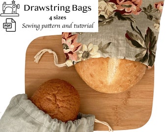 PDF Pattern for Drawstring Bags, Sewing Pattern and Tutorial for Linen Bread Bag, Digital Download Sew a Gift Bag, Beginner Sewing Project