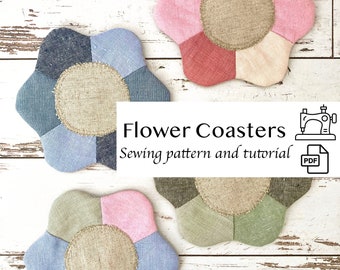 PDF Pattern for Flower Coasters, Scrap Buster Sewing Project Tutorial, Quilted Fabric Daisy Coasters Sewing Pattern, How to Sew a Gift