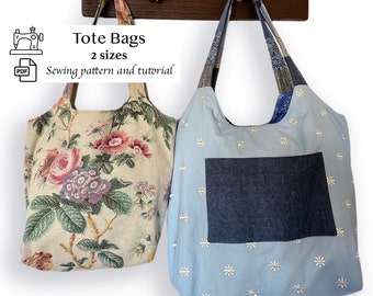 Tote Bag PDF Sewing Pattern in 2 Sizes | Reversible Market Tote Tutorial | Easy Beginner Sewing Project | Reusable Shopping Bag with Pocket