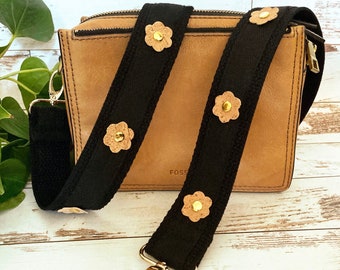 Purse Strap Crossbody,  Daisy Bag Strap with Cork Vegan Leather Flowers, Handbag Strap Replacement,  Floral Camera Strap