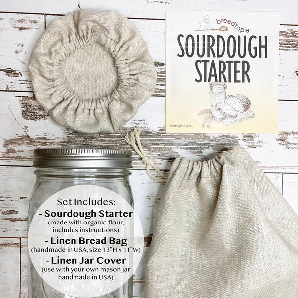 Sourdough Starter Gift Set | Bread Baker Kit for Homemade Bread | Linen Bread Bag and Jar Cover Handmade in USA | Artisanal Bread Essentials
