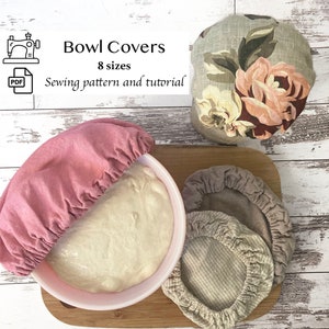 May include: A set of eight different sized bowl covers in pink, beige, and floral print fabric. The covers are made of linen and are designed to fit over bowls to keep food fresh. The image also includes a sewing pattern and tutorial for making your own bowl covers.