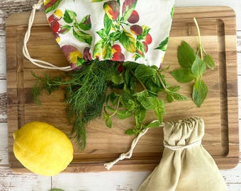 Reusable Linen Produce Bags, Drawstring Sack for Fresh Herbs, Greens, Lettuce, and Vegetable Storage, Sustainable Homestead Eco Kitchen Gift