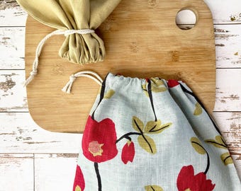 Linen Bread Bag, Drawstring Bag Set, Reusable Floral Produce Bag, Market Bag, Linen, Food Storage, Reusable Gift Bag, Made in USA