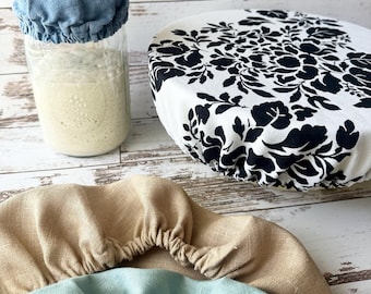 Sourdough Bowl Cover | Reusable Bread Proofing Elastic Cover | Sourdough Starter Cover | Fabric Mason Jar Cover | Linen Cloth Banneton Cover