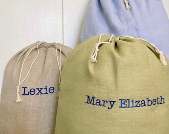 Custom Linen Laundry Bag with Double Drawstring, Personalized Large Linen Bag, Linen Toy Storage Bag, Made in USA