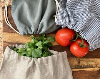 Reusable Linen Produce Bags made in USA, Drawstring Bags for fresh lettuce, greens, herbs, onions, garlic, potatoes, Zero Waste Food Storage