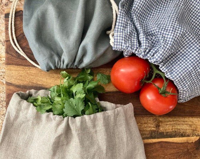 Reusable Produce Bags, Linen Bread Bag, Lettuce Bag, fresh herbs bag, Produce Bags, Linen Drawstring Bag
